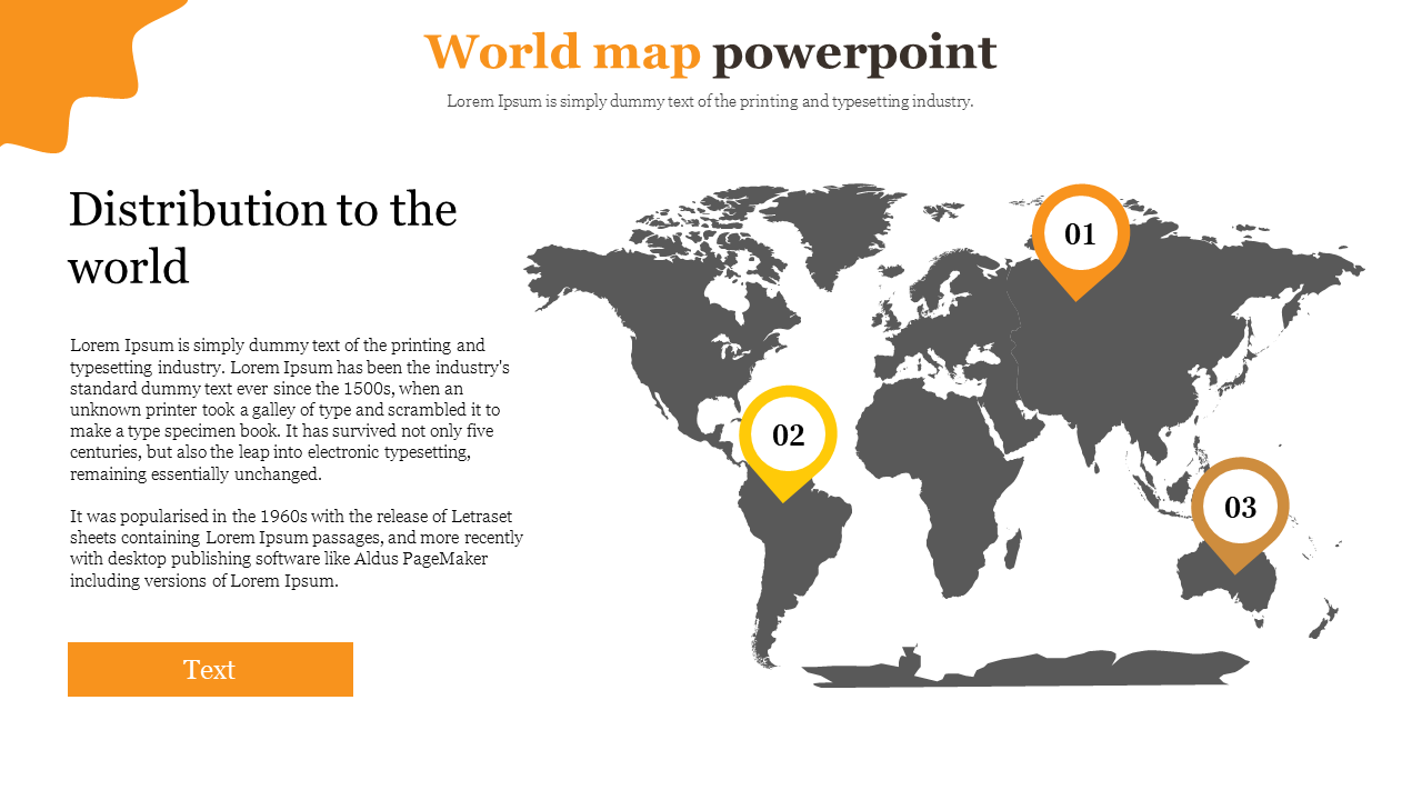 World map in dark gray with three yellow number markers positioned across the continents, set against a white backdrop.