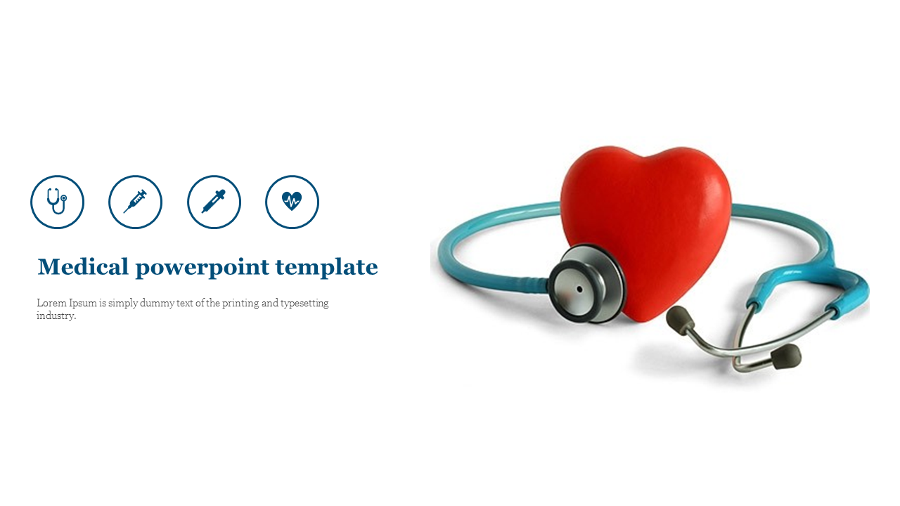 A medical slide featuring a red heart next to a stethoscope symbolizes health and care with placeholder text.