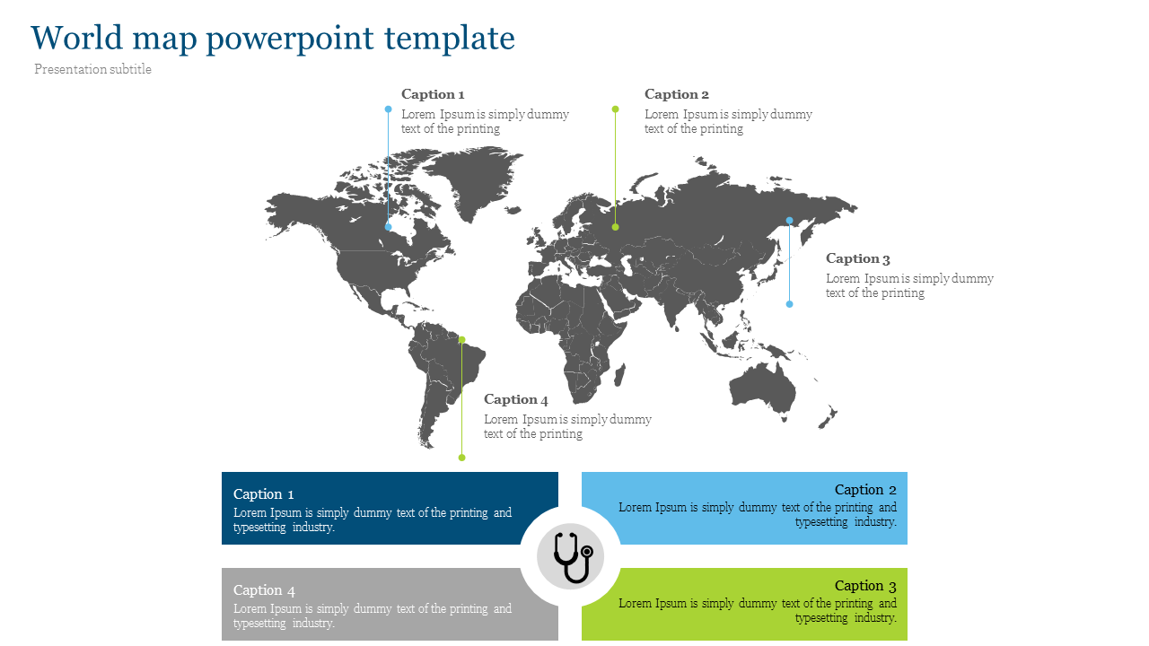 Grayscale world map with captions connected with blue, teal, green,  and gray boxes at the bottom.