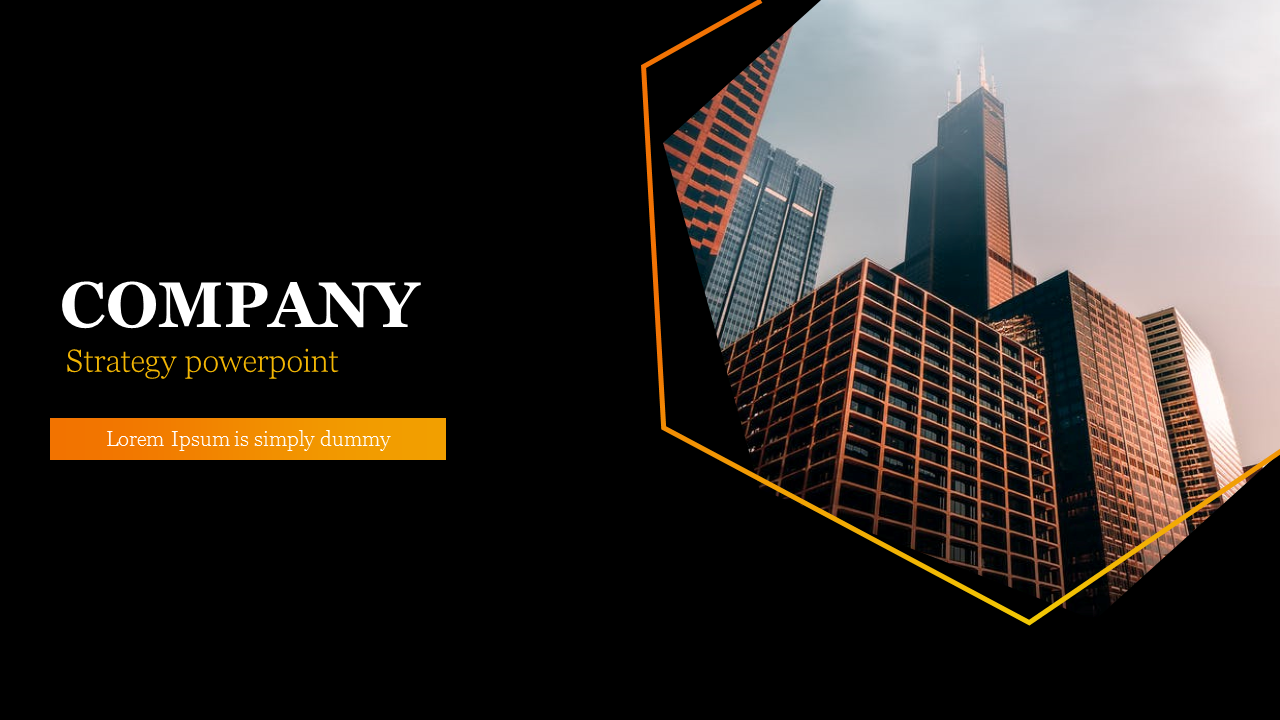 Company strategy slide with black background, featuring a hexagon frame on right showing tall buildings.