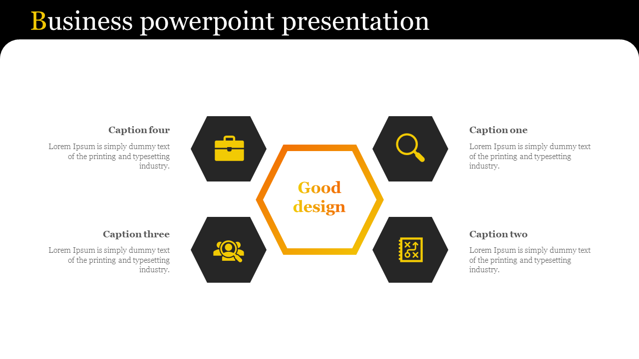 Business slide featuring a central orange hexagon surrounded by four dark heaxagons paired with captions.