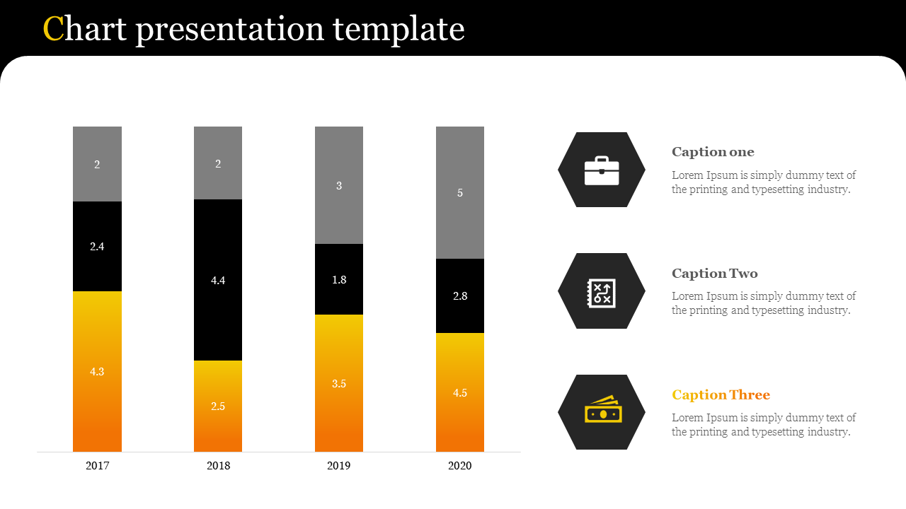 Chart PPT slide showing a stacked bar chart with three categories per year and three caption placeholders with icons.