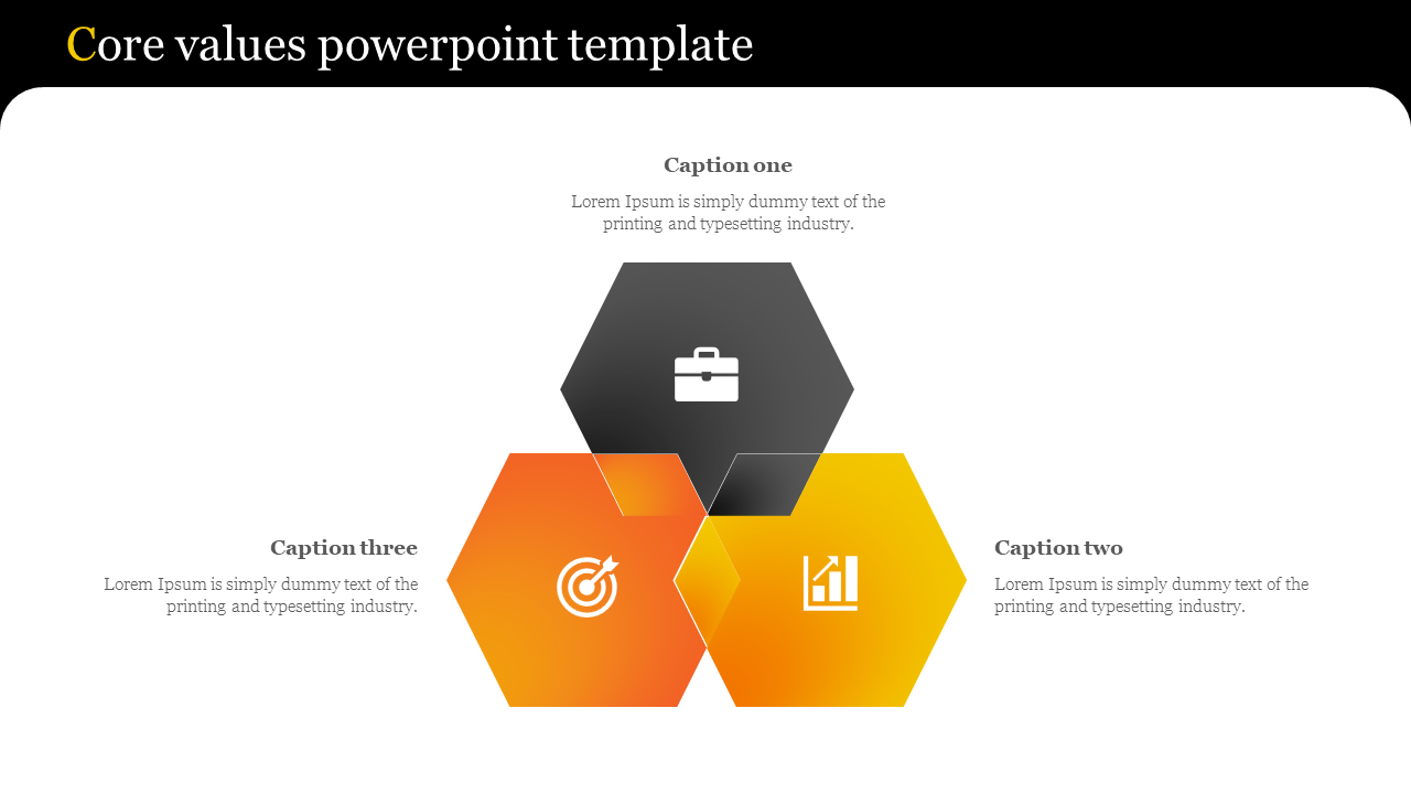 Core values template with hexagons displaying icons for business, goals, and analytics; caption areas around.