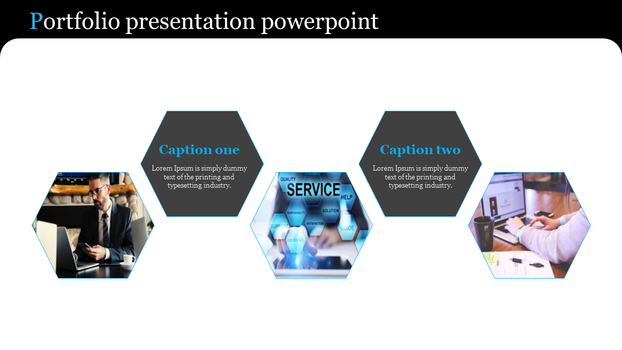 Portfolio PPT slide featuring three hexagonal images with captions and placeholder text.