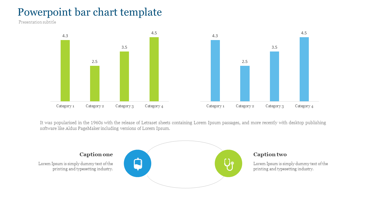 PowerPoint template with two bar charts, one green, and one blue, representing four categories.