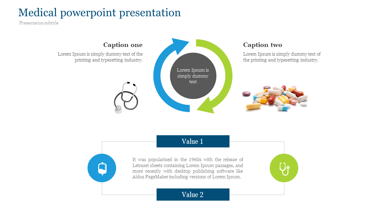 Medical PowerPoint slide showing a stethoscope and pills with two caption text.