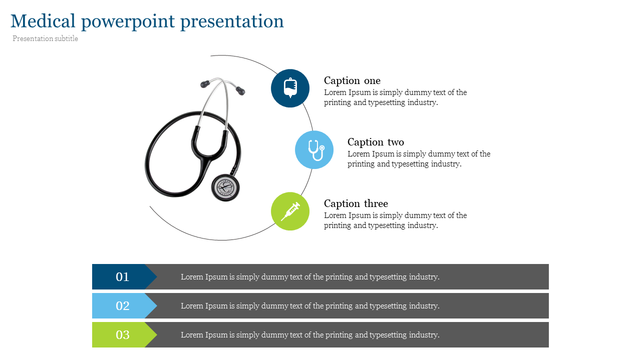 Medical PowerPoint slide featuring a stethoscope and numbered sections with colorful icons and captions.