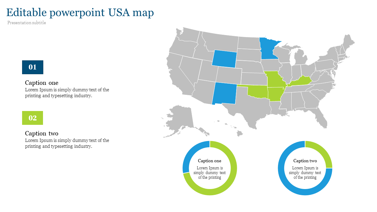 Gray USA map highlighting states in blue and green, with text sections and circular graphs below.