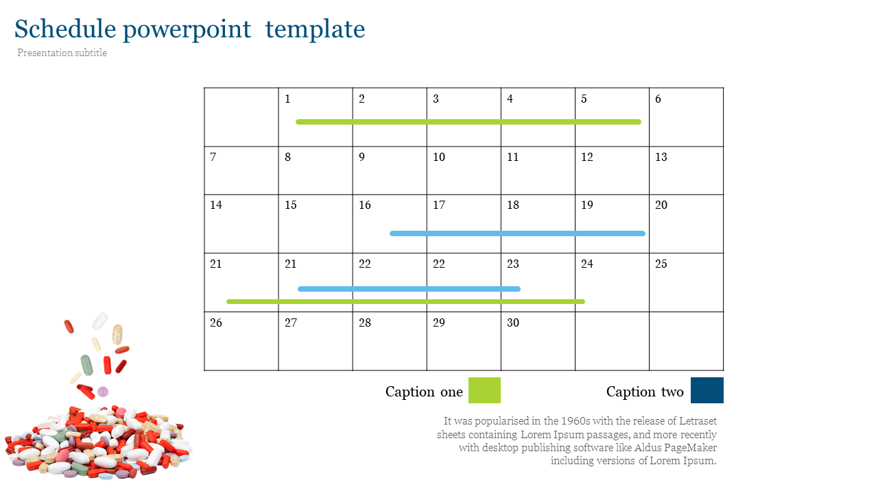 PowerPoint template showing a calendar layout with colored schedules for specific dates and captions.