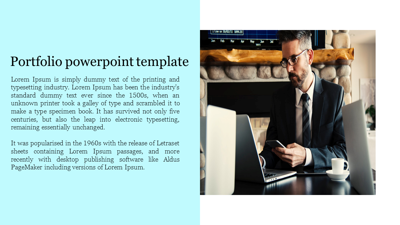 Portfolio PowerPoint template with a business professional working on a laptop and smartphone, with a blue background.