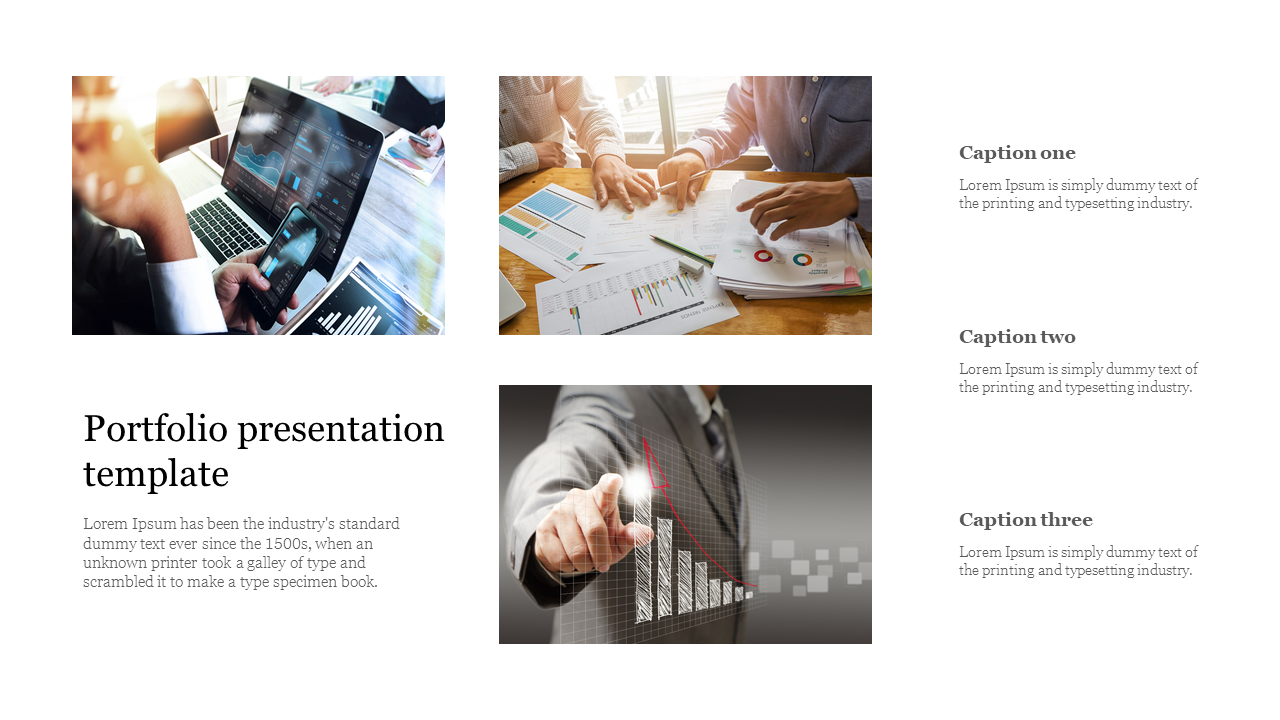 Portfolio slide with three images showing meetings, data analysis, and financial graphs, with captions on the right.