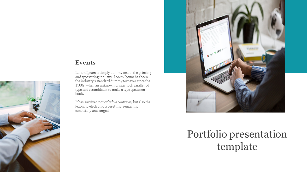 Professional portfolio presentation slide with an image of a person working on a laptop, with a section for events.