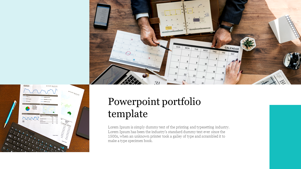 Portfolio presentation template with a desk setup, showing graphs, a calendar, and a tablet alongside office items.