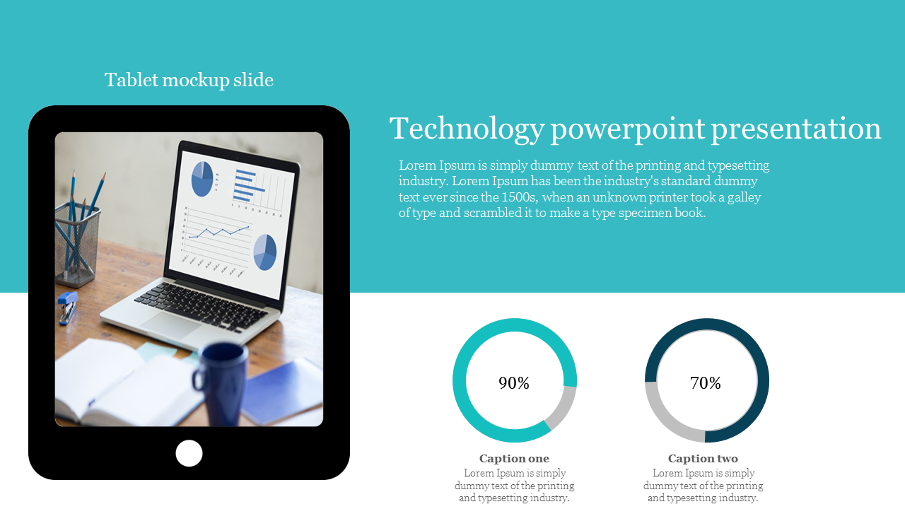 Tablet mockup showing pie charts and graphs on a laptop, and two circular progress indicators, on a blue and white backdrop.