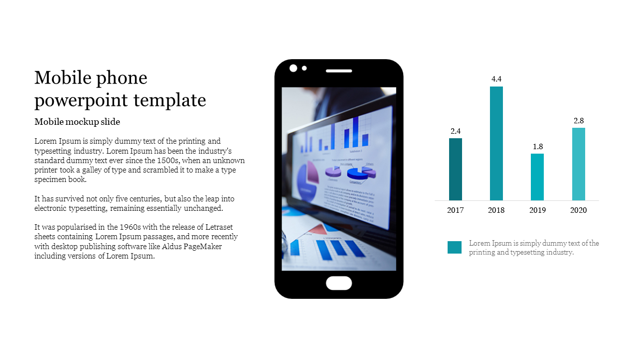 A slide showing a title on the left, a phone mockup with a bar graph image in the center, and a bar chart on the right.