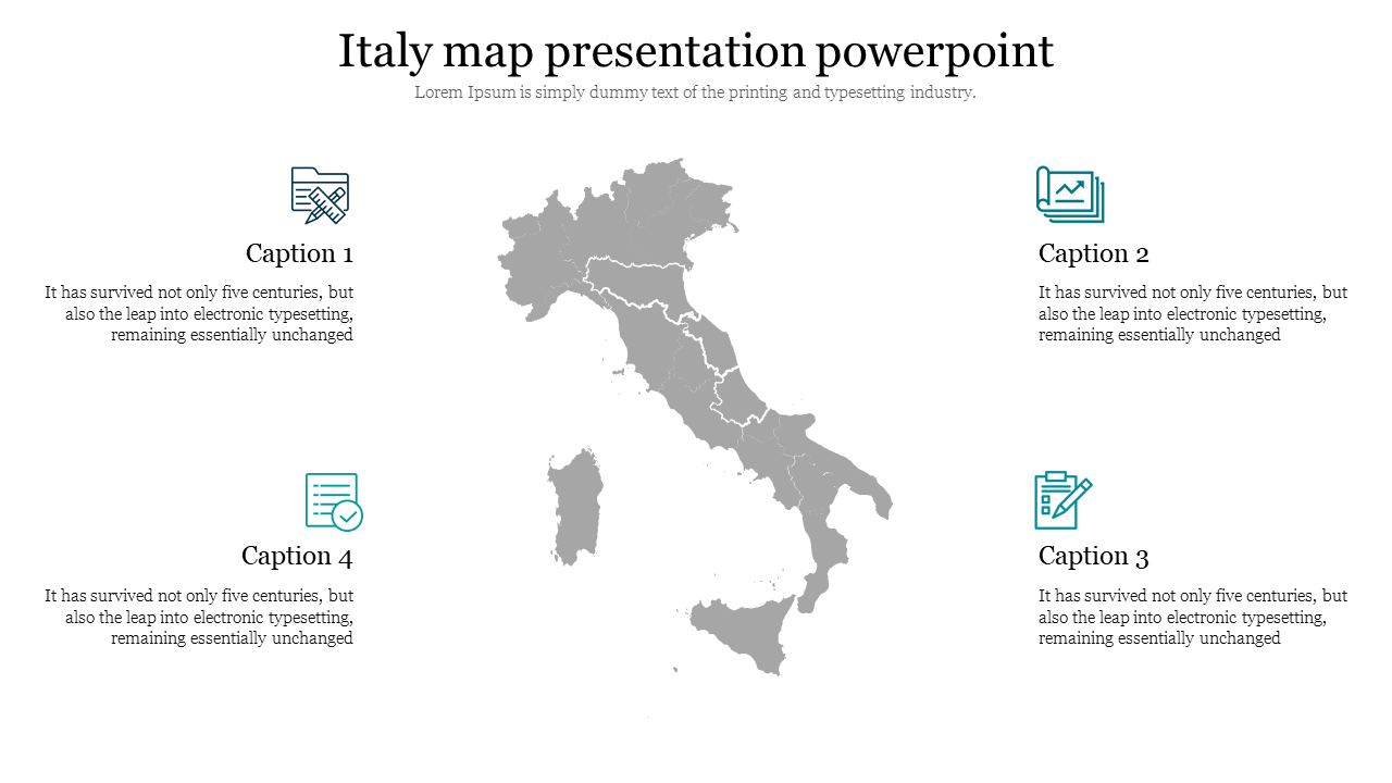 Outline map of Italy in gray, centered with caption boxes on each side containing icons and placeholder text.