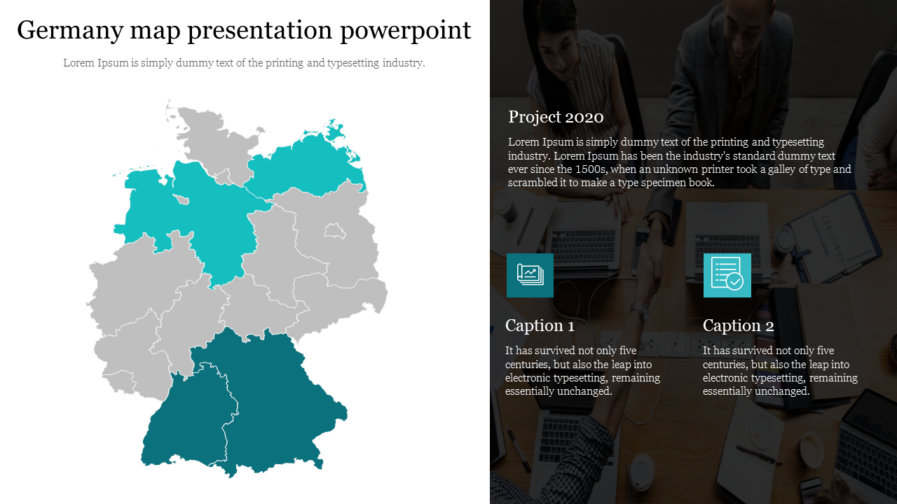 Slide featuring germagy map with regions highlighted in blue, and two captions beside a photo of a business team.