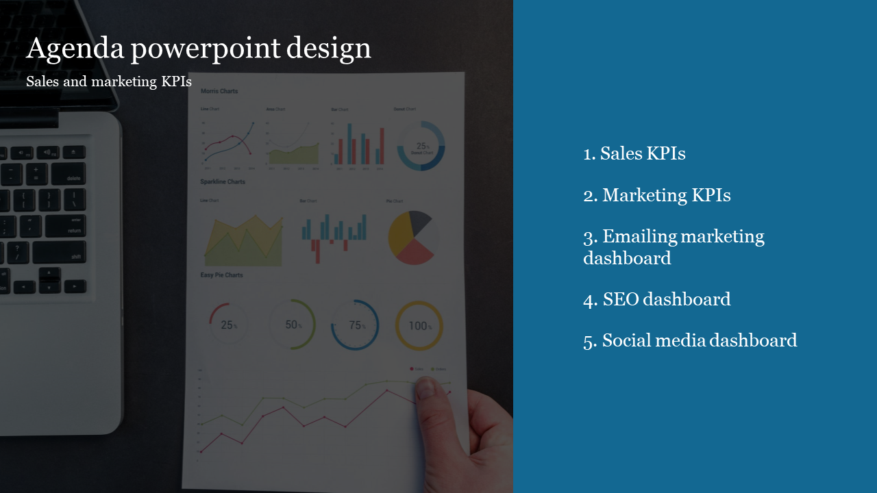 Sales and marketing agenda slide with charts and a laptop, featuring five listed dashboard topics on a blue backdrop.