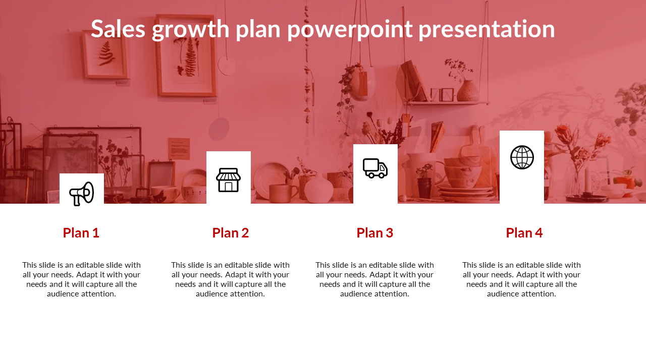 Red themed sales growth slide with four plans, each marked by icons and descriptions, set in a plant decorated room.