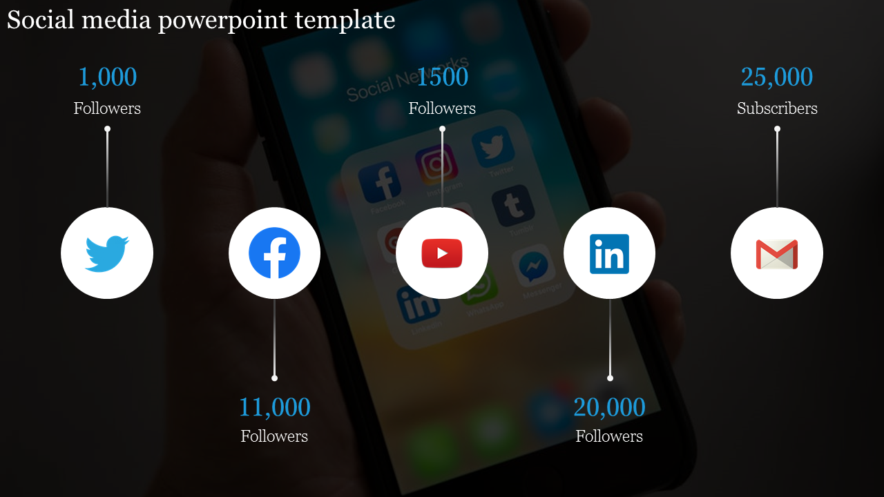 Social media template with colorful app icons and follower counts, on a dark blurred phone screen background.