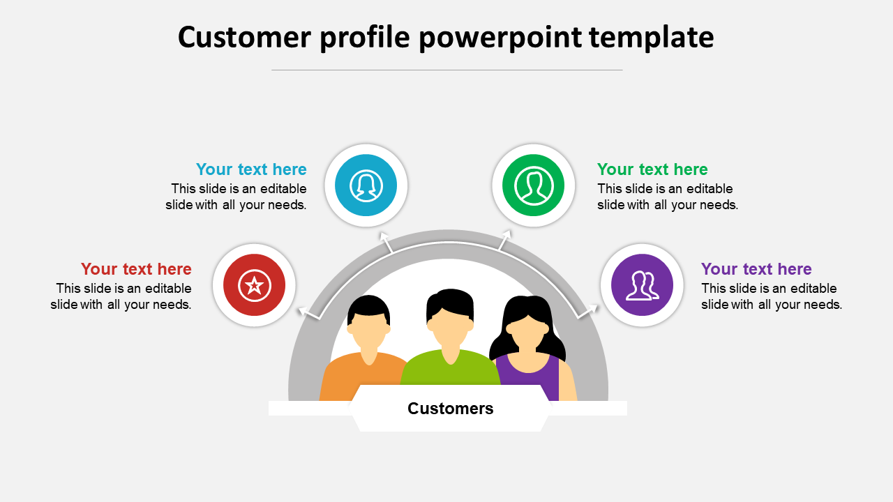 Slide featuring three customers and text sections with colorful icons surrounding the figures.