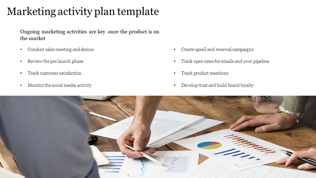 White background with text on the top and an image below of hands reviewing graphs and charts on a wooden desk.