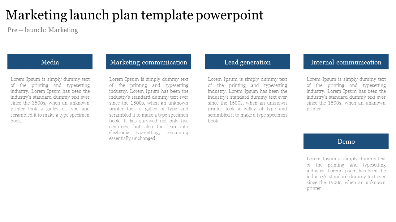 Marketing launch plan PPT slide showing sections from media to demo with placeholder text.