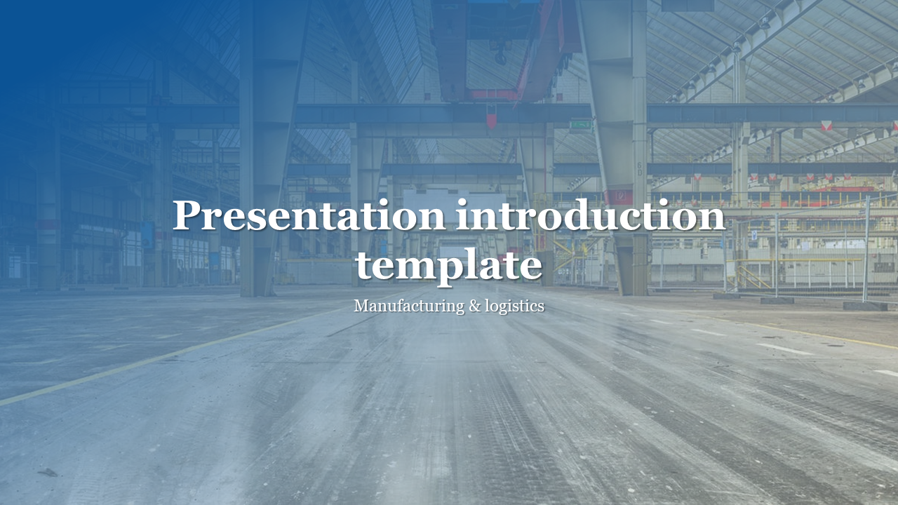 Industrial warehouse with a blue overlay highlighting a title for a manufacturing and logistics presentation.