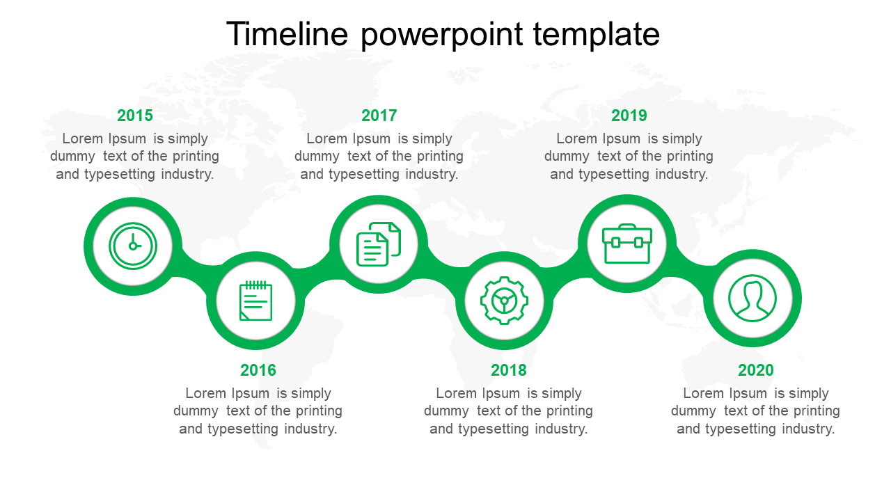 Green timeline PowerPoint template with icons representing years from 2015 to 2020 and corresponding descriptions.