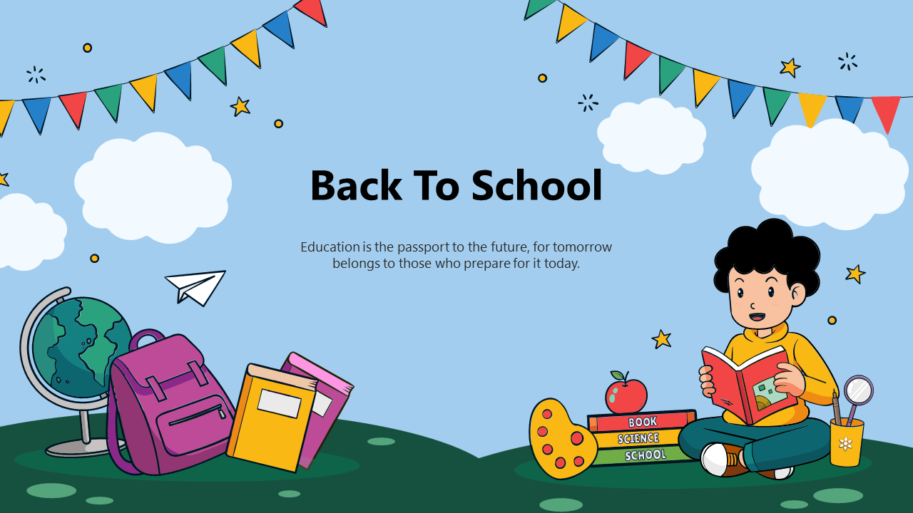 Colorful back to school scene with a child reading a book surrounded by school supplies, flags, and clouds backdrop.