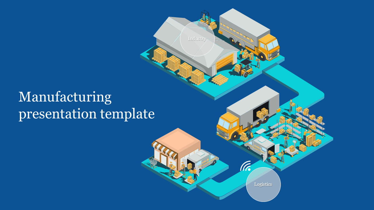 Isometric manufacturing illustration with trucks and warehouses, connected by a teal pathway, on a blue background.