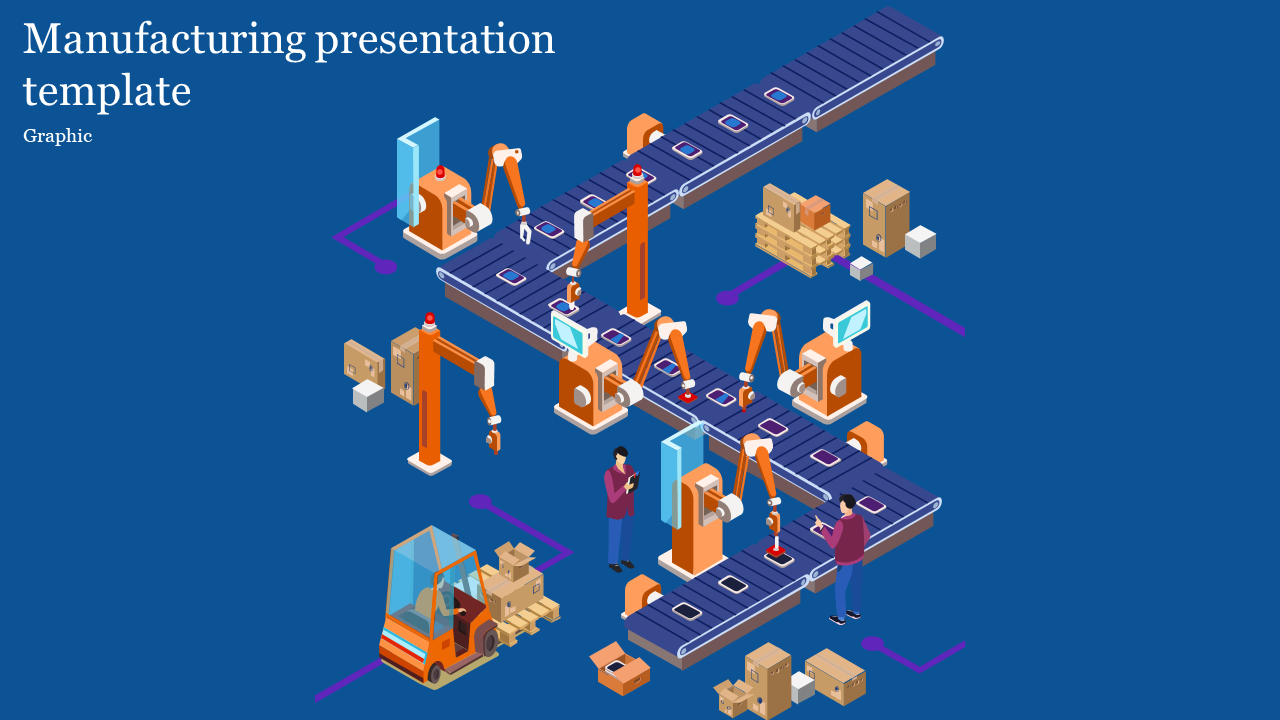 Isometric factory layout with orange robotic arms working on a conveyor belt, with workers and boxes, on a blue background.