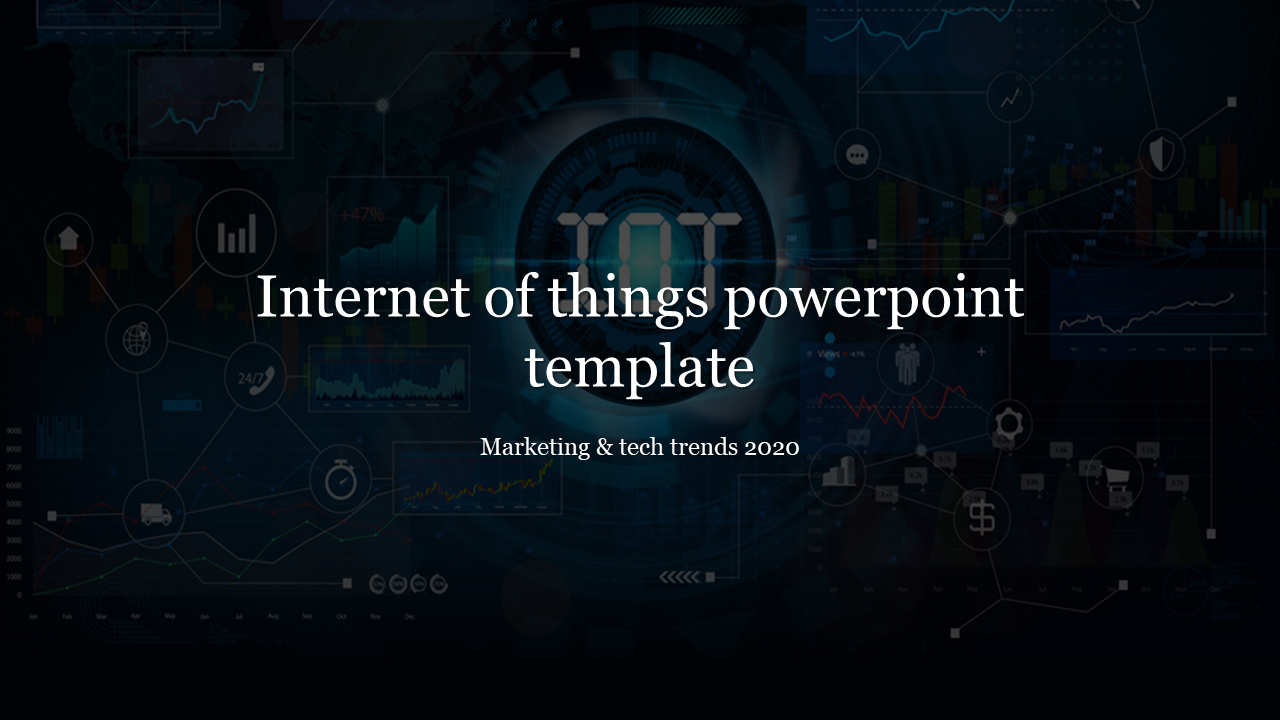 Dark-themed internet of things template featuring interconnected icons, graphs, and charts placed in dark background.