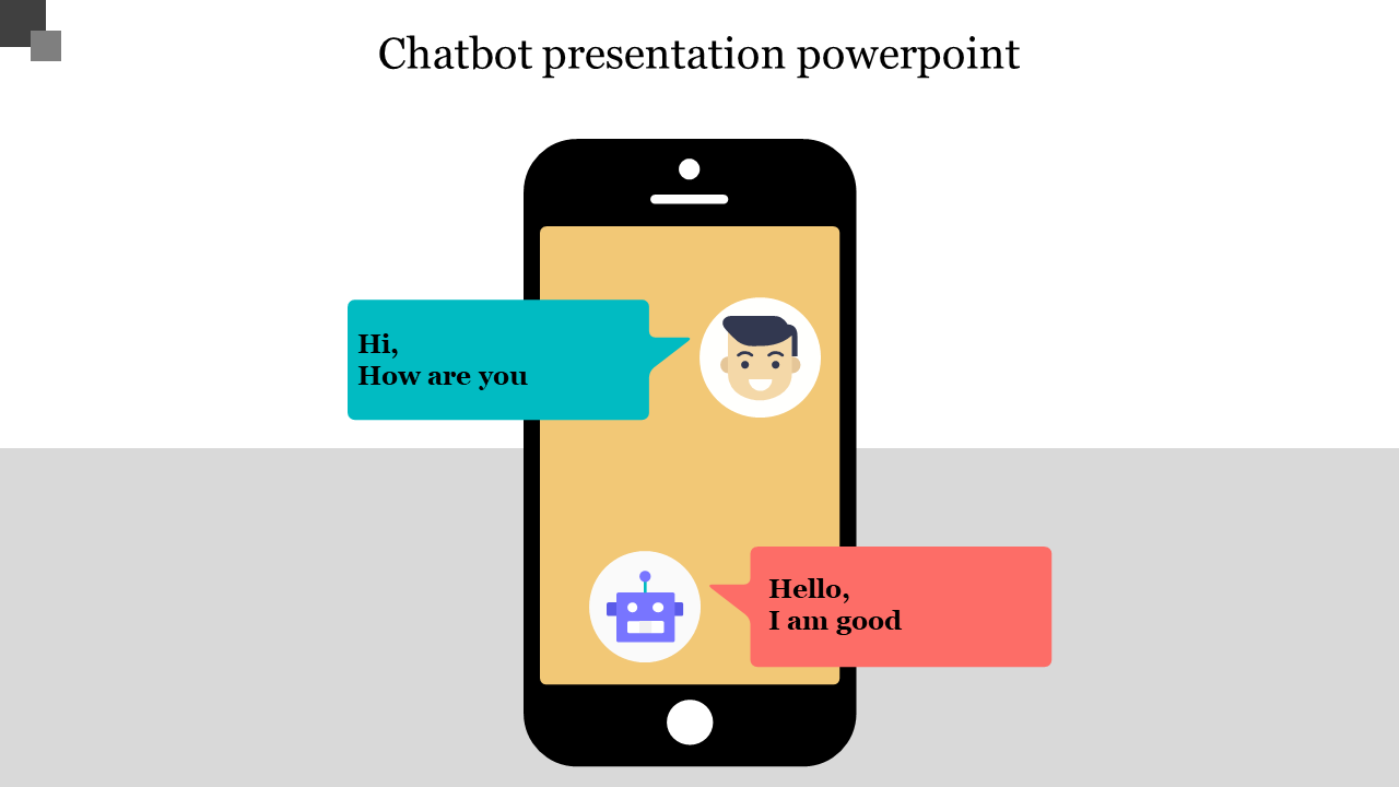 Colorful chatbot slide featuring a mobile interface showing a conversation between a user and a chatbot.