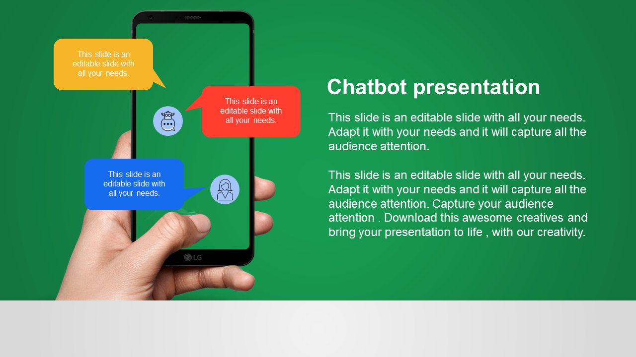 Hand holding a phone with colorful chat bubbles on a green background, and chatbot presentation text on the right.