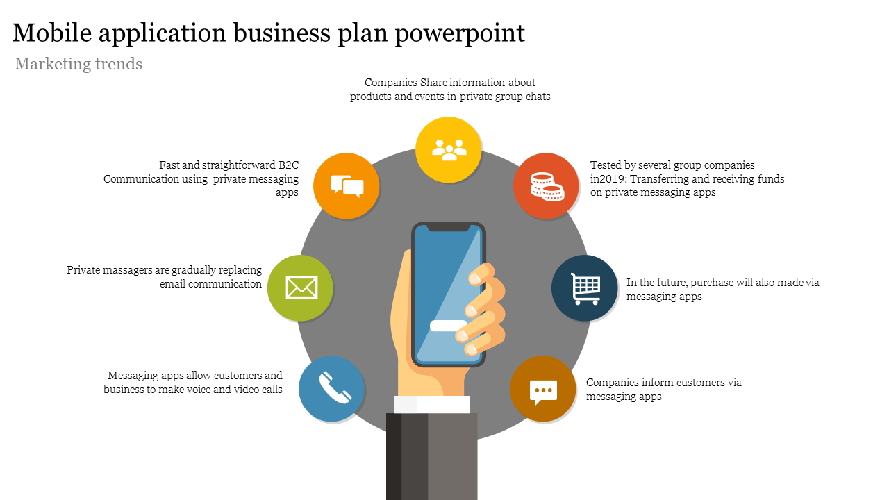 Illustrated smartphone surrounded by colorful icons representing mobile app functions in business communication.