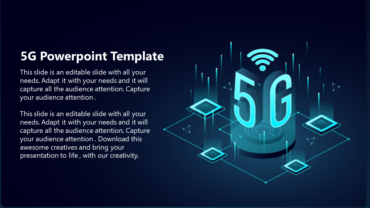 Slide featuring a futuristic 3D illustration of the number 5G with a wireless signal icon, surrounded by digital elements.