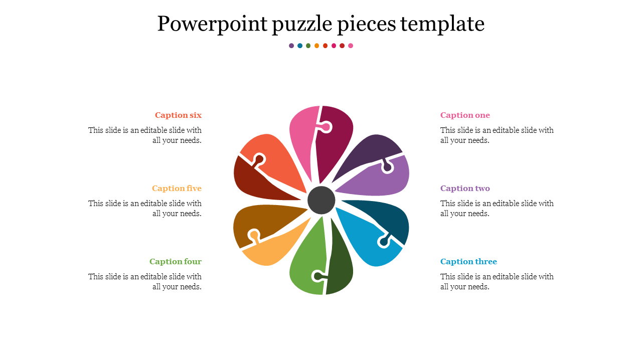 Puzzle-themed template featuring six colorful segments connected in a circle, with placeholder text on both sides.