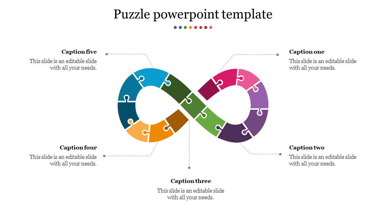 Puzzle themed PowerPoint template with interlocking pieces and placeholders for captions in various sections.