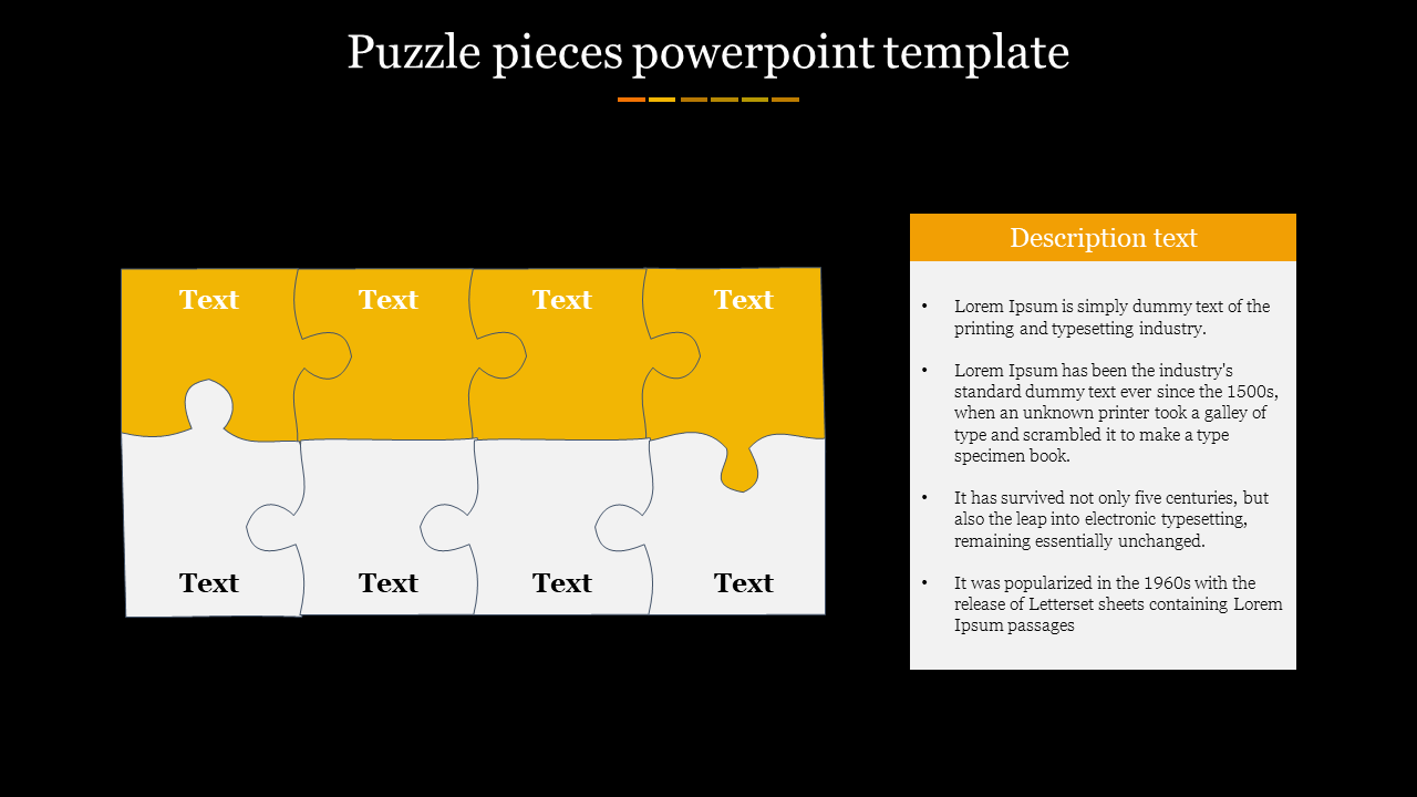 Puzzle pieces PowerPoint template featuring yellow puzzle pieces with text placeholders and a description section.