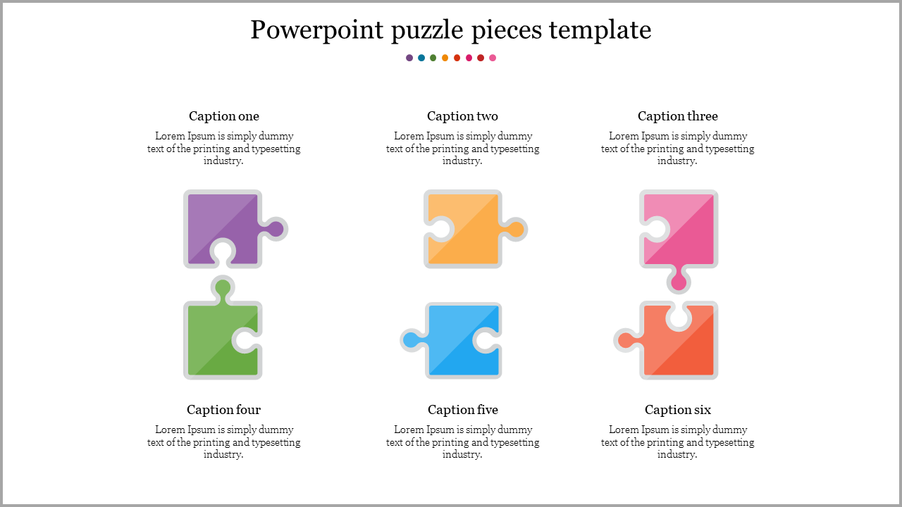 Three pairs of puzzle pieces in various colors with placeholder text above and below, arranged in a grid format.