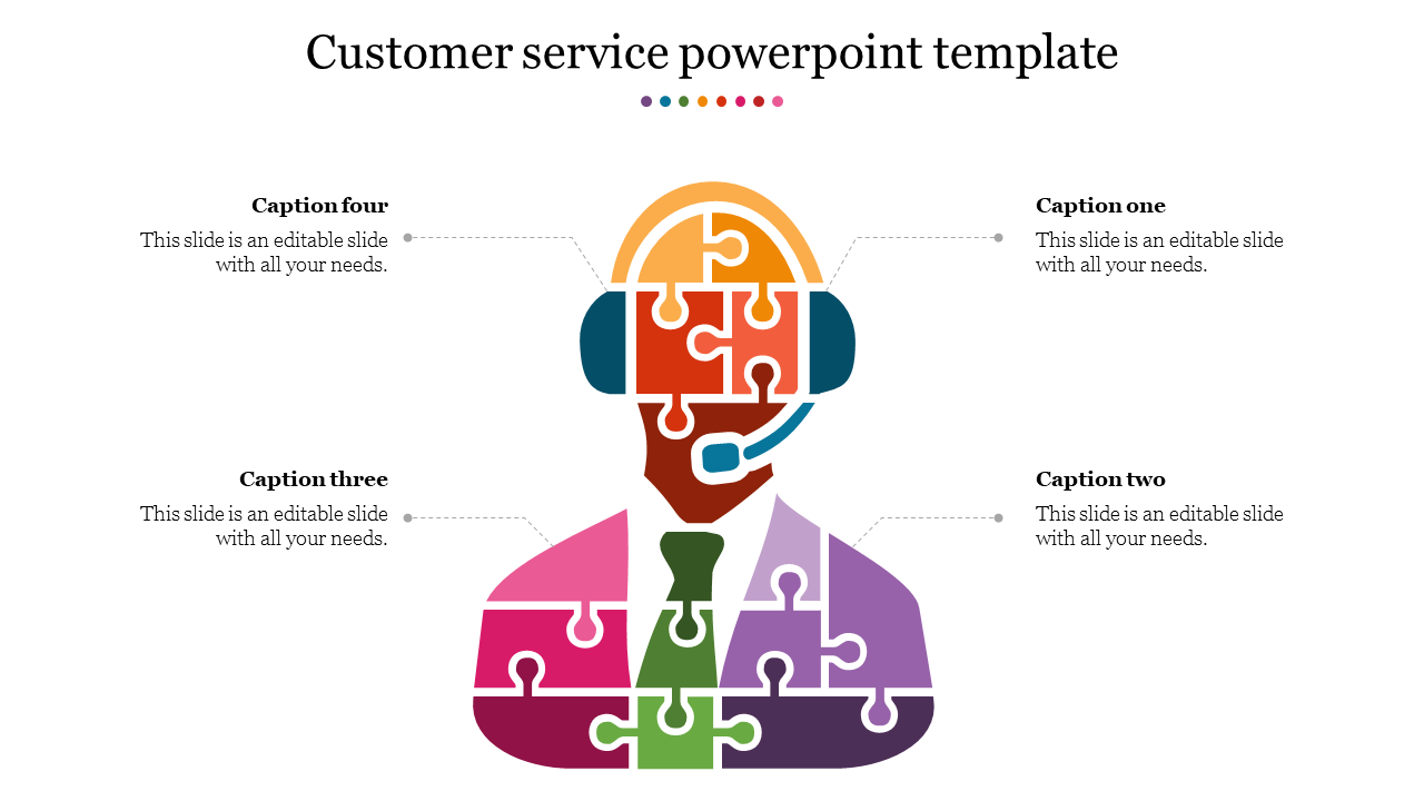 Illustration of a customer service representative made of puzzle pieces, each with different color and captions.