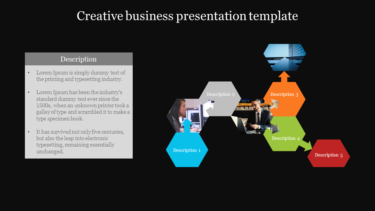 Creative business PowerPoint template featuring hexagonal shapes with descriptions and images for each section.