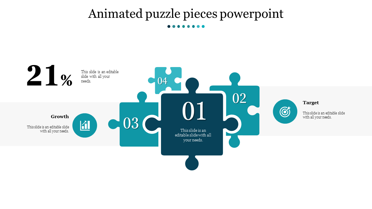 Blue puzzle pieces numbered 01 to 04 fit together horizontally, surrounded by two icons and text with a percentage area.