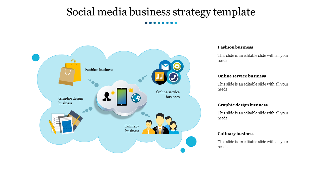 Social media business strategy PowerPoint template with icons representing various businesses in a cloud model design.