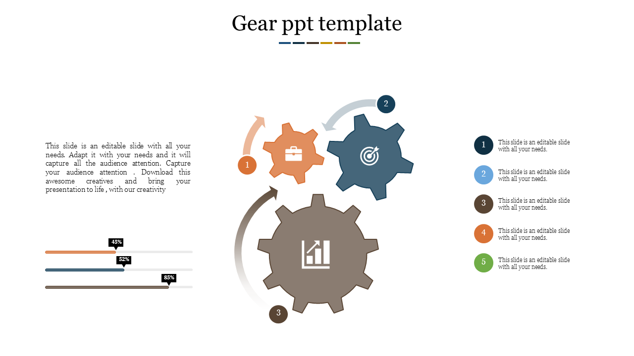 Infographic of three gears with arrows illustrating movement, paired with six numbered list and three progress bars.