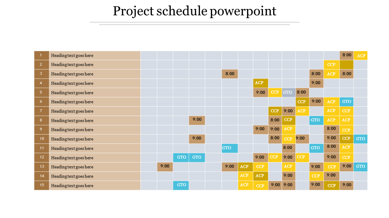 Tabular schedule layout with alternating light and beige rows, marked with yellow, blue, and brown task blocks.