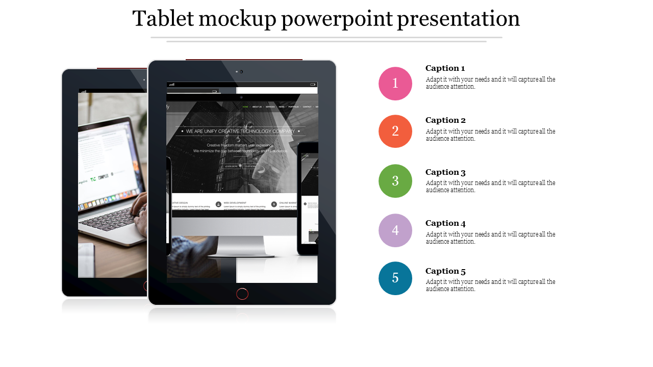 Tablet mockup slide with two tablets displaying website content and five colorful numbered captions on the right.