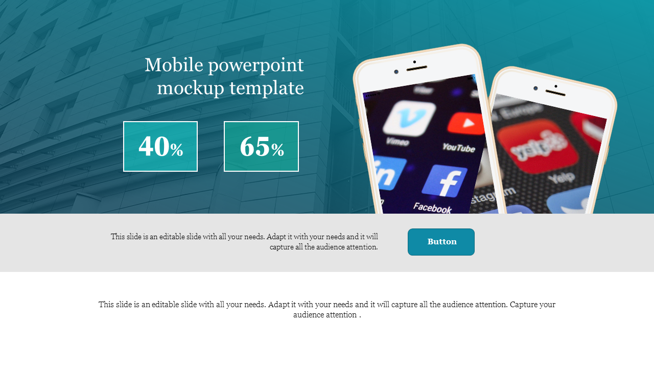 Mobile mockup template with two angled smartphone screens, app icons, and percentage displays, alongside a button.