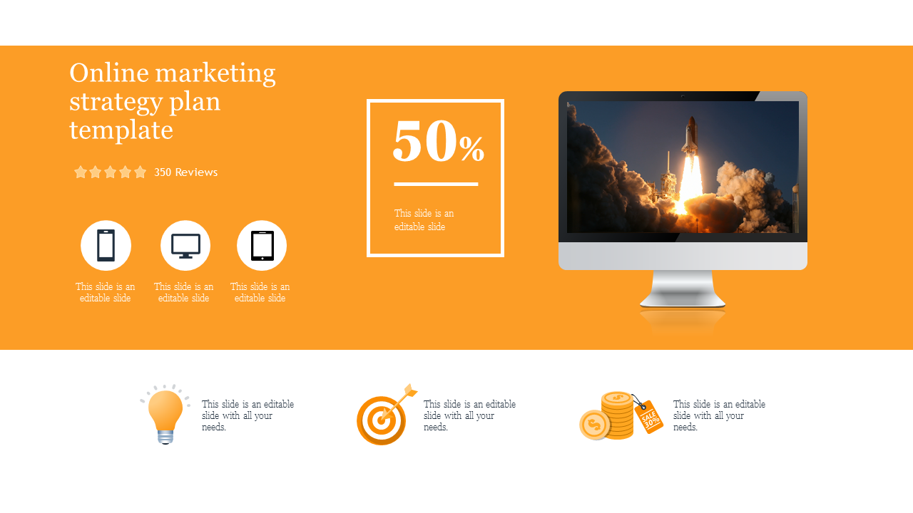 Orange themed slide with a desktop displaying rocket launching image, percentage progress, and three icons below.